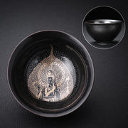 Buddha Stones Gold Leaf Chinese Jianzhan Dragon Phoenix Lotus Avalokitesvara Koi Fish Ceramic Teacup Tenmoku Kung Fu Tea Cup Bowl Jian Zhan Tea Cup BS 8.4cm*5cm*120ml Avalokitesvara