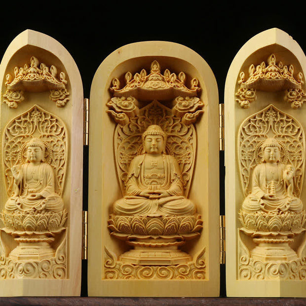 Buddha Stones Hand-carved Portable Buddha Boxwood Serenity Home Decoration Altar Prayer Altar BS Three Treasures Tathagata