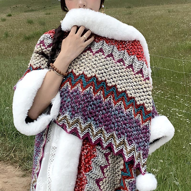 Buddha Stones Tibetan Multicolored Wavy Lines Knitted Striped Shawl Coat Winter Cozy Travel Scarf Wrap