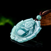 Buddha Stones Natural Jade Laughing Buddha Lotus Pattern Luck Necklace Pendant