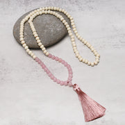Buddha Stones Semi-Precious Gem Stones Wood Bead Necklace Multicolor Tassel Charms Chain Necklace Bracelet BS Rose Quartz