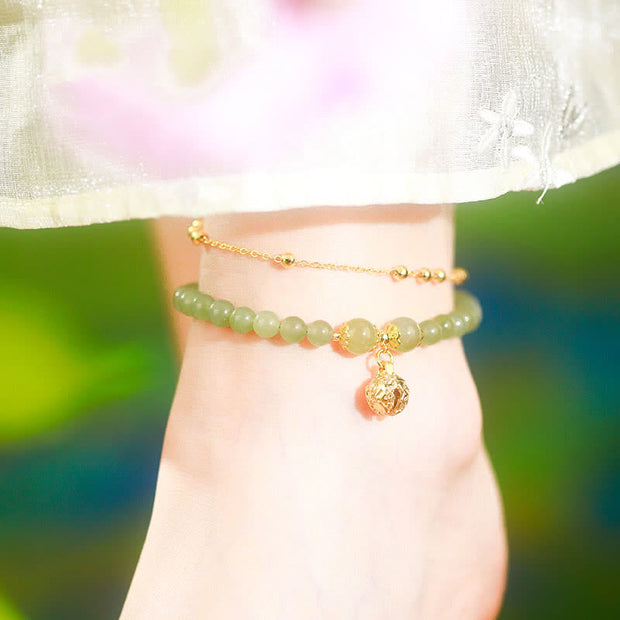Buddha Stones Natural Hetian Jade Luck Bell Charm Beaded Anklet Anklet BS 3