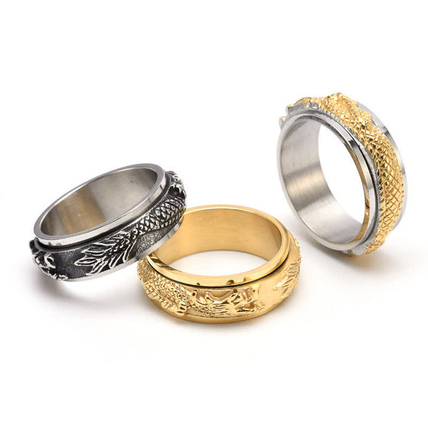Buddha Stones Dragon Titanium Steel Stimulation Rotatable Ring
