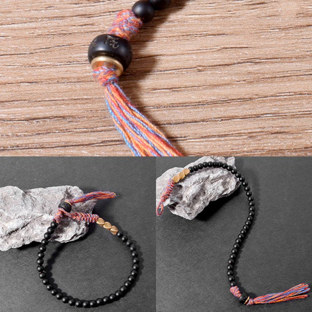 Buddha Stones Handmade Tibetan Black Onyx Tassel Bracelet Bracelet BS 6
