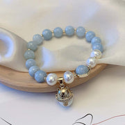 Buddha Stones Aquamarine Pearl Peace Healing Lucky Cat Charm Bracelet Bracelet BS 4