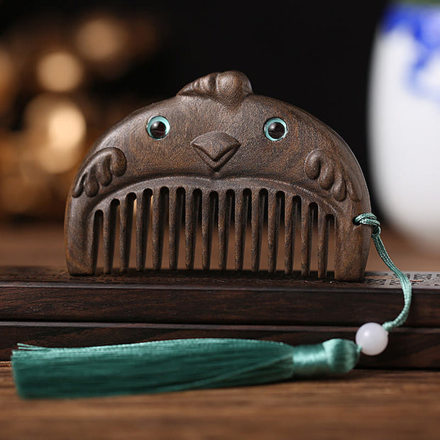 Buddha Stones Chinese Zodiac Green Sandalwood Peace Mini Portable Comb Comb BS Chacate Preto Wood Rooster