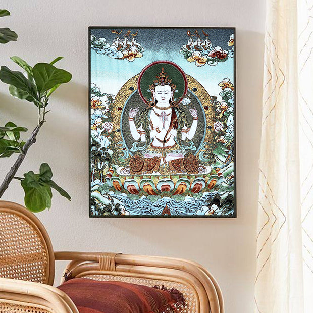 Buddha Stones Tibetan Silk Embroidery White Tara Thangka Tapestry Wall Hanging Wall Art Meditation for Home Decor Decorations BS 12