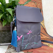 Buddha Stones Waterproof Handmade Embroidered Lotus Flowers Crossbody Bag Shoulder Bag Cellphone Bag Bag BS Gray Flower Grass