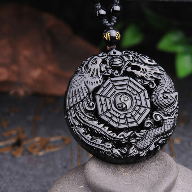 Buddha Stones Bagua Dragon Phoenix Obsidian Fulfilment Pendant Necklace Necklaces & Pendants BS 8