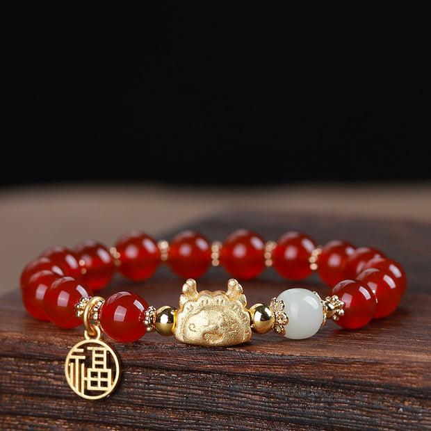 Buddha Stones Year Of The Dragon Red Agate Gray Agate Dumpling Luck Fu Character Bracelet Bracelet BS 6