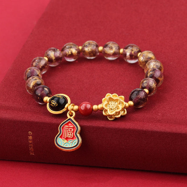 Buddha Stones Tibet Om Mani Padme Hum Fu Character Gourd Charm Lotus Liuli Glass Bead Luck Bracelet Bracelet BS 8mm Purple Liuli Glass Bracelet(Wrist Circumference 14-16cm)