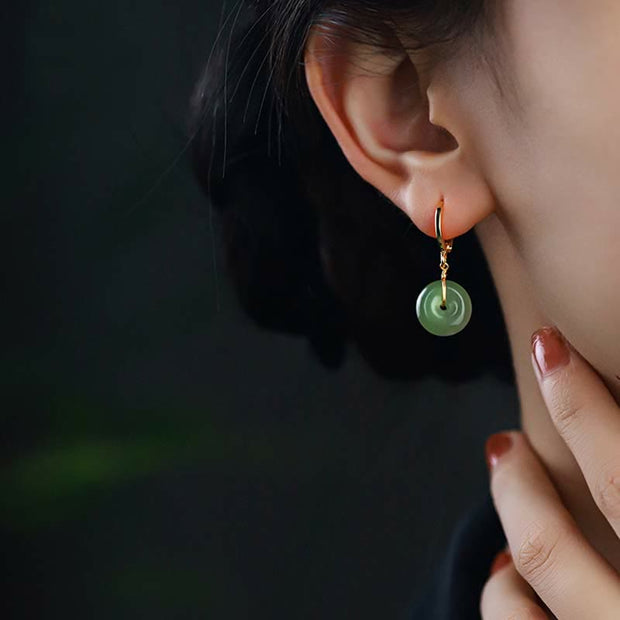 Buddha Stones Hetian Cyan Jade Peace Buckle Luck Earrings Earrings BS 1