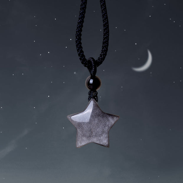 Buddha Stones Natural Silver Sheen Obsidian Star Crescent Moon Protection Necklace Pendant Necklaces & Pendants BS Star