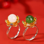 Buddha Stones 925 Sterling Silver White Jade Cyan Jade Lotus Flower Success Ring Ring BS 12