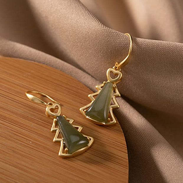 Buddha Stones 925 Sterling Silver Hetian Cyan Jade Christmas Tree Luck Dangle Earrings Earrings BS 10
