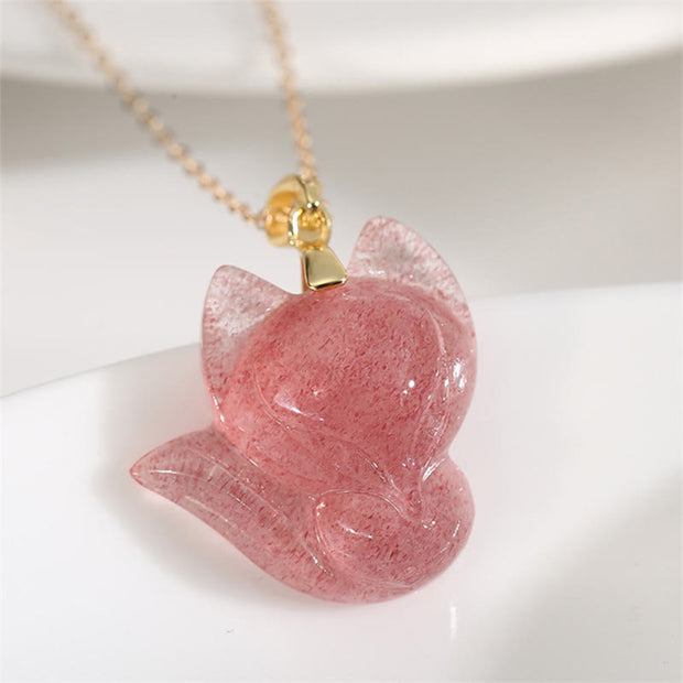 Buddha Stones 14k Gold Plated 925 Sterling Silver Strawberry Quartz Fox Healing Necklace Pendant Necklaces & Pendants BS Strawberry Quartz&14k Gold Plated