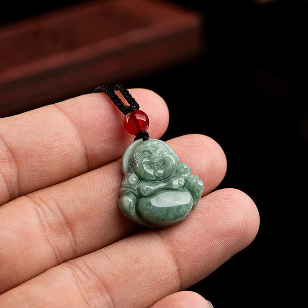 Buddha Stones Natural Green Jade Laughing Buddha Luck Abundance Necklace Pendant Necklaces & Pendants BS 4