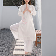 Buddha Stones 2Pcs Lotus Pattern Tai Chi Meditation Yoga Cotton Linen Clothing Top Pants Women's Set Clothes BS 1