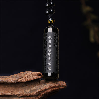 Buddha Stones Natural Black Obsidian Heart Sutra Purification Necklace Pendant