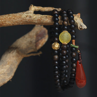 Buddha Stones 999 Gold Nha Trang Heiqinan Agarwood Amber Red Agate Strength Meditation Bracelet Bracelet BS Agarwood (Balance ♥ Ward off evil spirits)