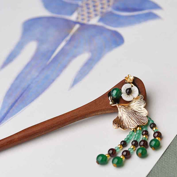 Buddha Stones Red Sandalwood Green Agate Ginkgo Leaf Protection Hairpin