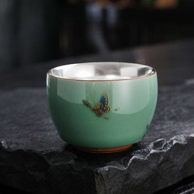 Buddha Stones 999 Sterling Silver Gilding Butterfly Goldfish Lotus Koi Fish Ceramic Teacup Kung Fu Tea Cup 120ml