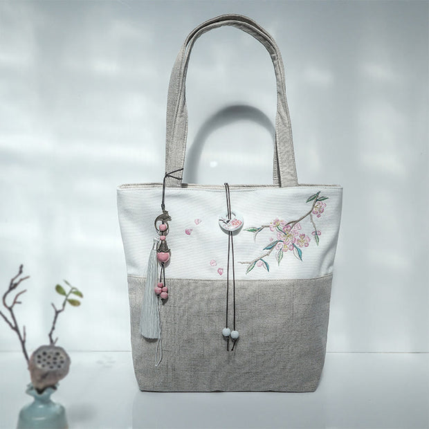 Buddha Stones Pear Flower Plum Peach Blossom Bamboo Embroidery Canvas Large Capacity Shoulder Bag Tote Bag Bag BS Beige White Peach Blossom