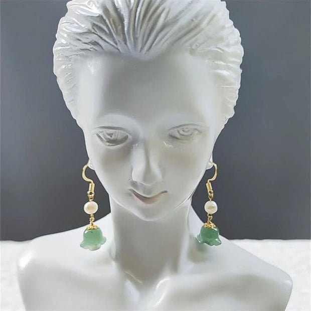 Buddha Stones Lily of The Valley Natural Green Aventurine 14K Gold Plated Luck Pearl Drop Dangle Floral Earrings Earrings BS 8