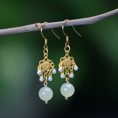 Buddha Stones Hetian Jade Flower Pattern 14K Gold Plated Luck Drop Dangle Earrings Earrings BS Hetian Jade(Prosperity♥Abundance)
