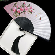 Buddha Stones Vintage Bamboo Peony Butterfly Lotus Handheld Silk Folding Fan With Bamboo Frames