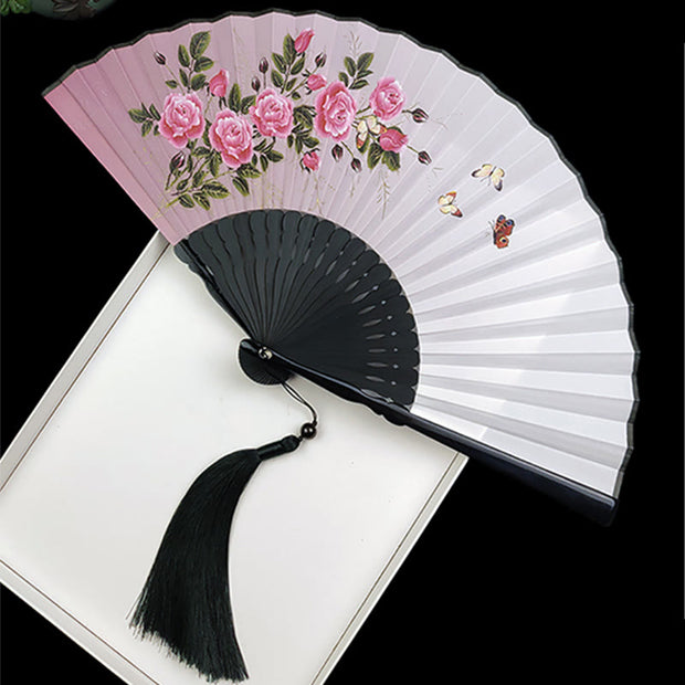 Buddha Stones Vintage Bamboo Peony Butterfly Lotus Handheld Silk Folding Fan With Bamboo Frames Folding Fan BS Pink Peony Butterfly