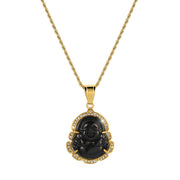 Buddha Stones 18K Gold Filled Laughing Buddha Jade Luck Necklace Chain Pendant Necklaces & Pendants BS Black