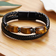 Buddha Stones Natural Tiger Eye Protection Willpower Magnetic Buckle Leather Bracelet Bracelet BS 3
