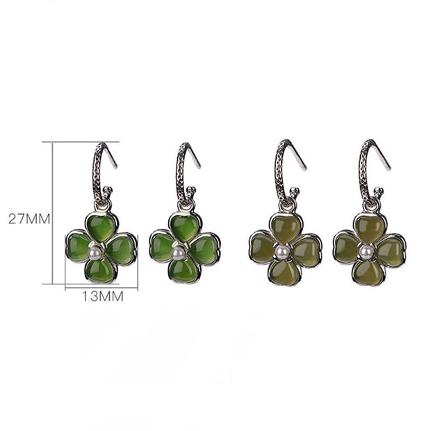 Buddha Stones 925 Sterling Silver Natural Cyan Jade Four Leaf Clover Luck Success Earrings Earrings BS 13