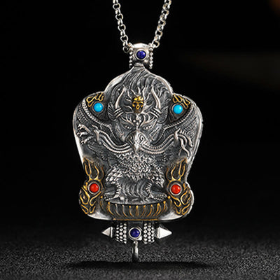 Buddha Stones 925 Sterling Silver Tibet Garuda Bird Red Agate Lazurite Turquoise Protection Ghau Prayer Box Necklace Pendant