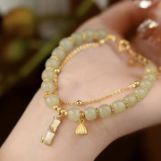 Buddha Stones Natural Hetian Jade Prosperity Lotus Bamboo Charm Bracelet