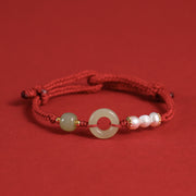 Buddha Stones Natural Hetian Jade Pearl Peace Buckle Luck Bracelet Bracelet BS Dark Red