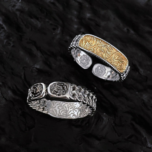 Buddha Stones Tang Dynasty Flower Design Engraved Copper Luck Cuff Bracelet Bangle Adjustable Ring Bracelet Bangle BS 4