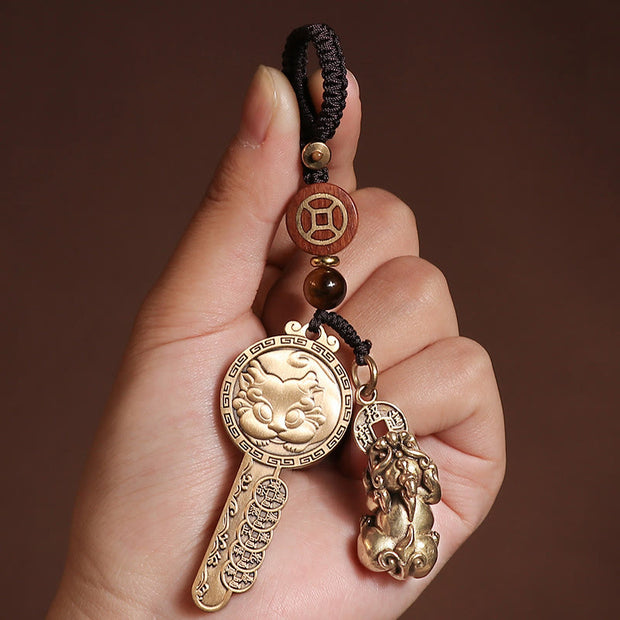 Buddha Stones PiXiu Wealth Copper Coin Yin Yang Bagua Handmade Key Chain