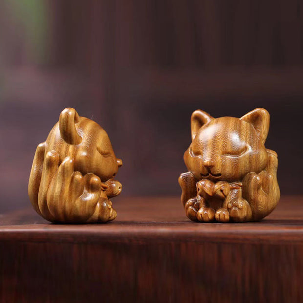 Buddha Stones Mini Nine-Tailed Fox Ivory Fruit Sandalwood Green Sandalwood Blessing Decoration