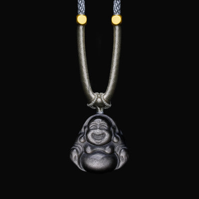 Buddha Stones Natural Silver Sheen Obsidian Laughing Buddha Protection Necklace Pendant