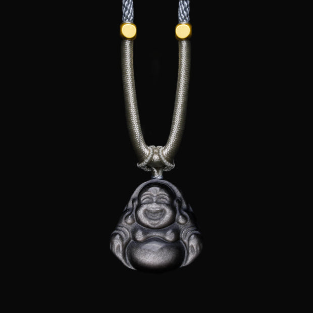 Buddha Stones Natural Silver Sheen Obsidian Laughing Buddha Protection Necklace Pendant Necklaces & Pendants BS Laughing Buddha Light Gray Necklace