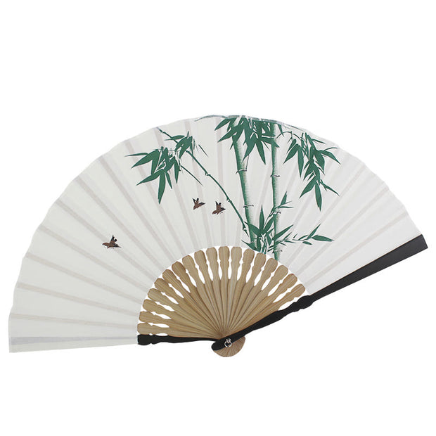Buddha Stones Bamboo Koi Fish Crane Handheld Cotton Linen Folding Fan