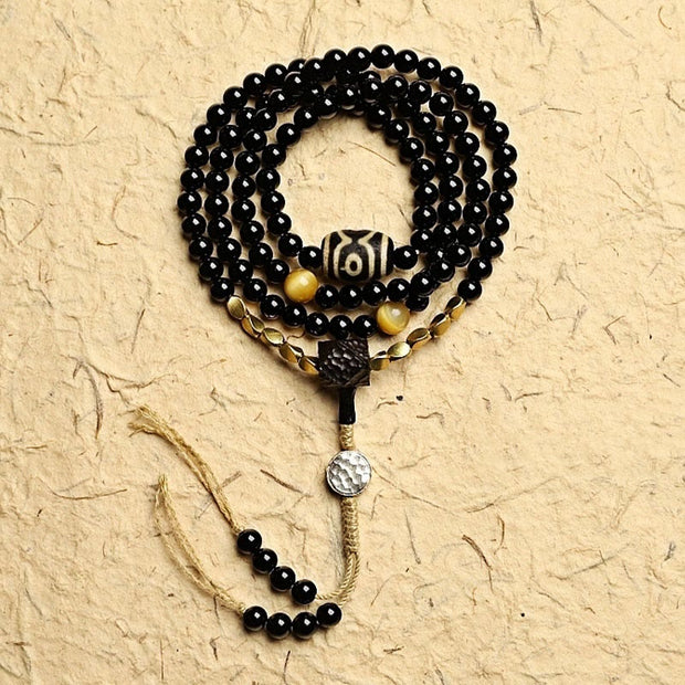 Buddha Stones Tibetan 108 Mala Beads Black Onyx Three-eyed Dzi Beads Protection Bracelet Mala Bracelet BS 8mm Black Onyx