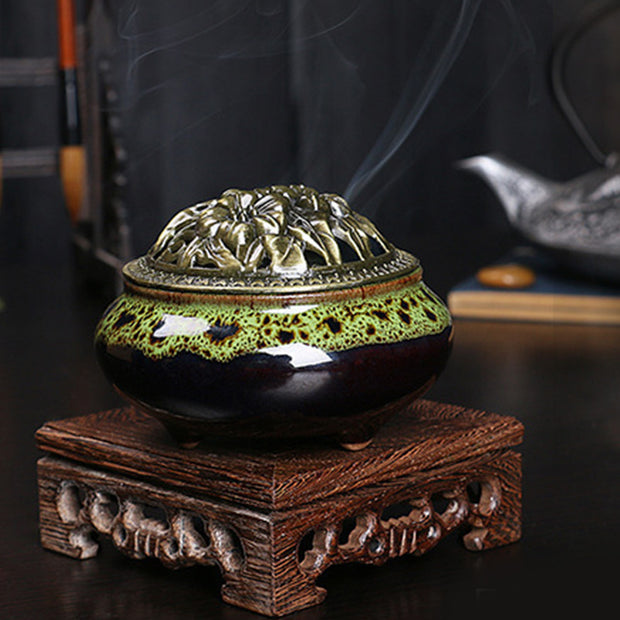 Buddha Stones Flower Pattern Ceramic Blessing Meditation Incense Burner Decoration