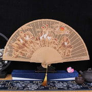 Buddha Stones Retro Crane Plum Orchid Bamboo Chrysanthemum Engraved Pattern Handheld Wood Folding Fan