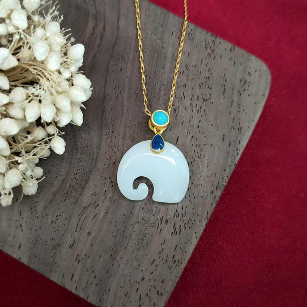 Buddha Stones White Jade Elephant Luck Fortune Necklace Pendant Necklaces & Pendants BS 2