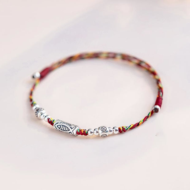 Buddha Stones 925 Sterling Silver Luck Koi Fish Braided Colorful String Bracelet Anklet Bracelet BS 2