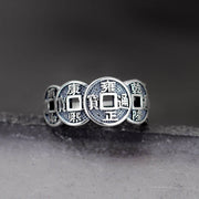 Buddha Stones Five-Emperor Coins Auspicious Wealth Adjustable Ring Ring BS 4