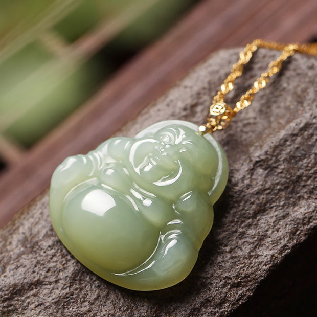 Buddha Stones 925 Sterling Silver Laughing Buddha Cyan Jade 18K Gold Success Necklace Pendant Necklaces & Pendants BS 4